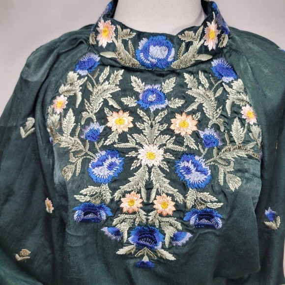 Free People Jessica Green Embroidered Boho Blouse Large Holiday Cottagecore Fall - Picture 6 of 8
